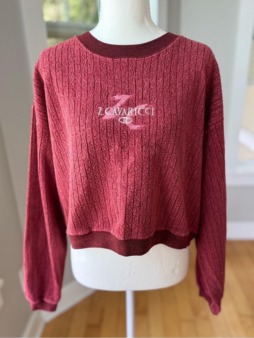 Vintage 90’s Z. Cavaricci Red Burgundy Textured Cropped Sweatshirt Sz Large